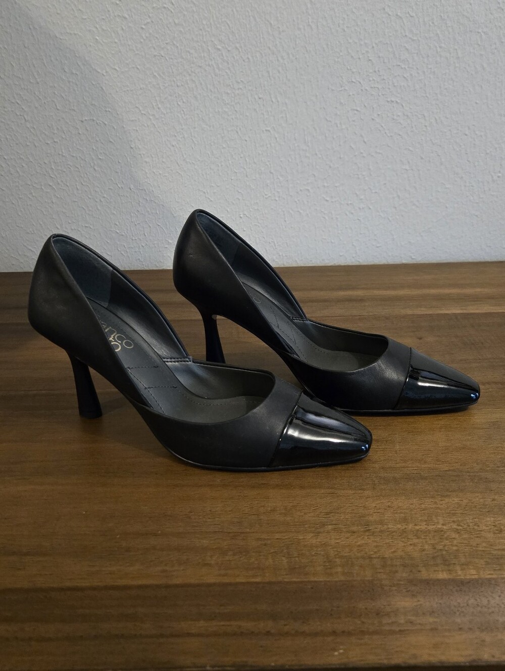 Franco Sarto Black Leather and Patent Leather Cap Toe Heels
